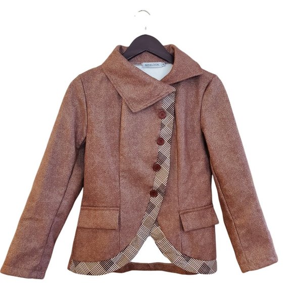 MISSLOOK Brown Plaid Trim Blazer - Picture 2 of 10